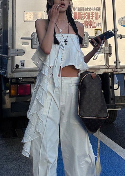 Sleeveless Tank Sexy White Out Hollow Asymmetrical Cotton