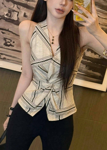 Gilet d'été sexy ouvert à licou, blanc, imprimé sur le côté