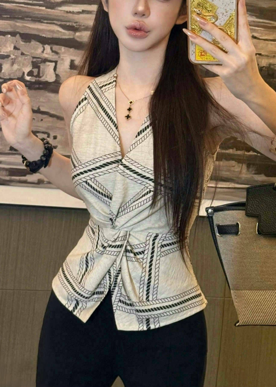 Gilet d'été sexy ouvert à licou, blanc, imprimé sur le côté