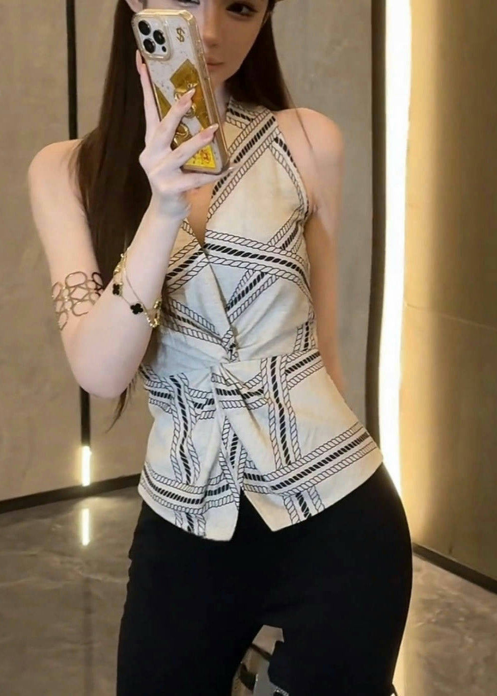 Gilet d'été sexy ouvert à licou, blanc, imprimé sur le côté