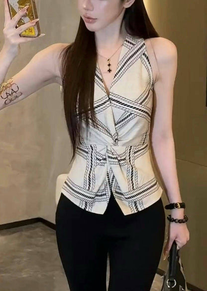 Gilet d'été sexy ouvert à licou, blanc, imprimé sur le côté