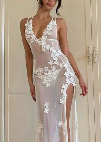 Long White Strapless Open Sexy Swimwear Flower Side Bikini