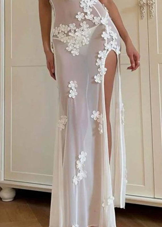 Long White Strapless Open Sexy Swimwear Flower Side Bikini