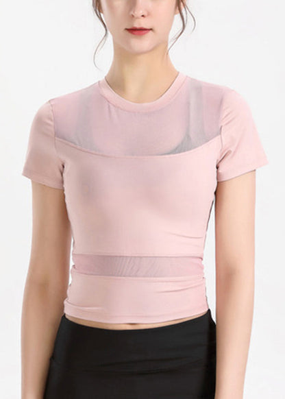 Patchwork Ärmel Tüll Yoga Sexy Top Kurz Weiß