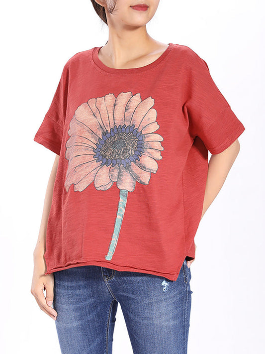 Kurzärmliges T-Shirt mit Sonnenblumen-Aufdruck in Übergröße QW1052