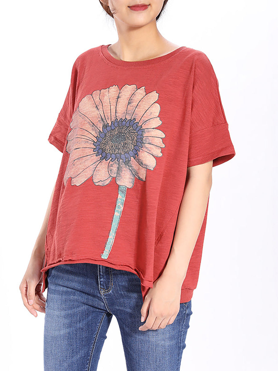 Plus Size Short Sleeve Sunflower Printed T-shirt QW1052