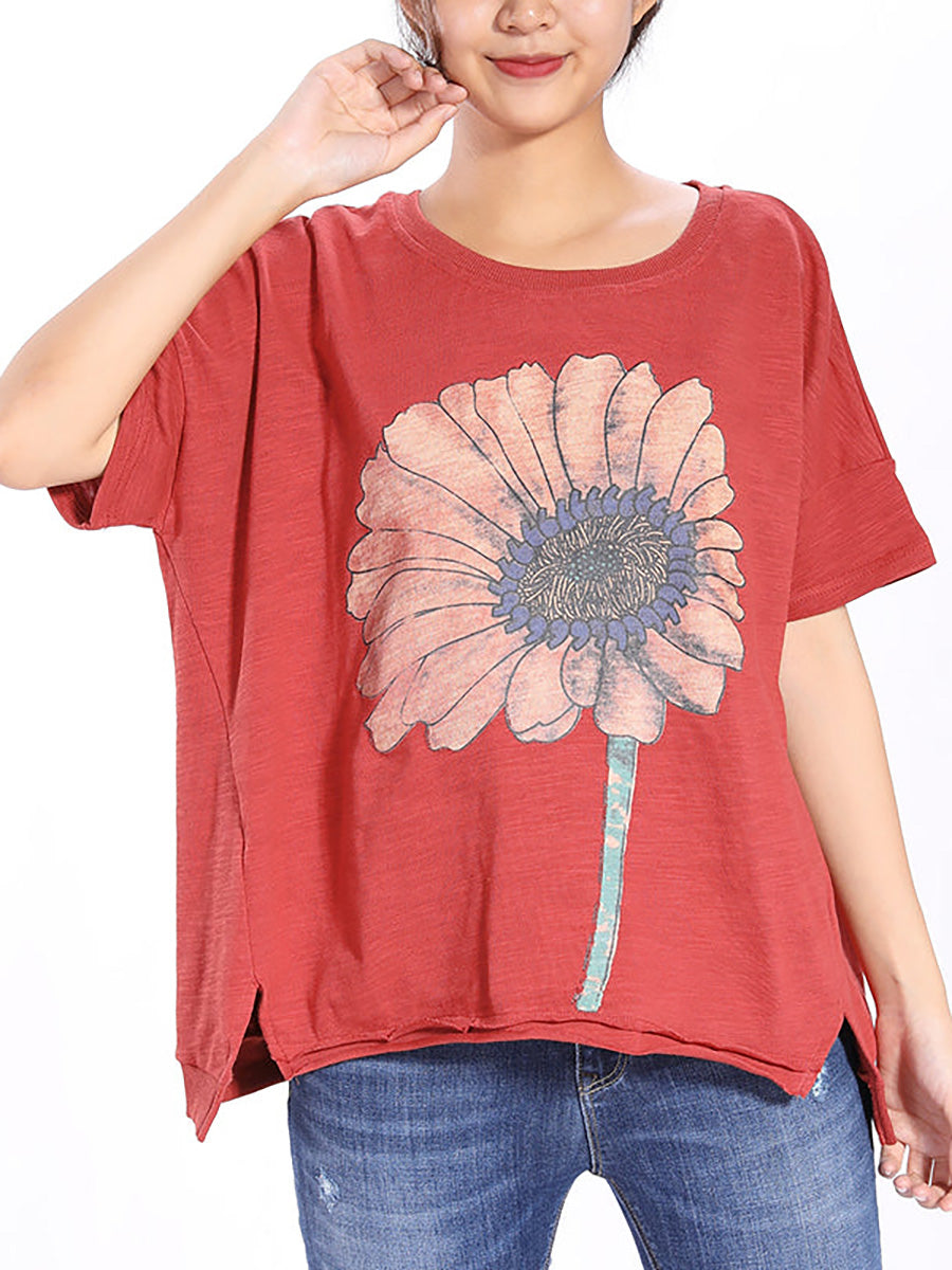 Plus Size Short Sleeve Sunflower Printed T-shirt QW1052