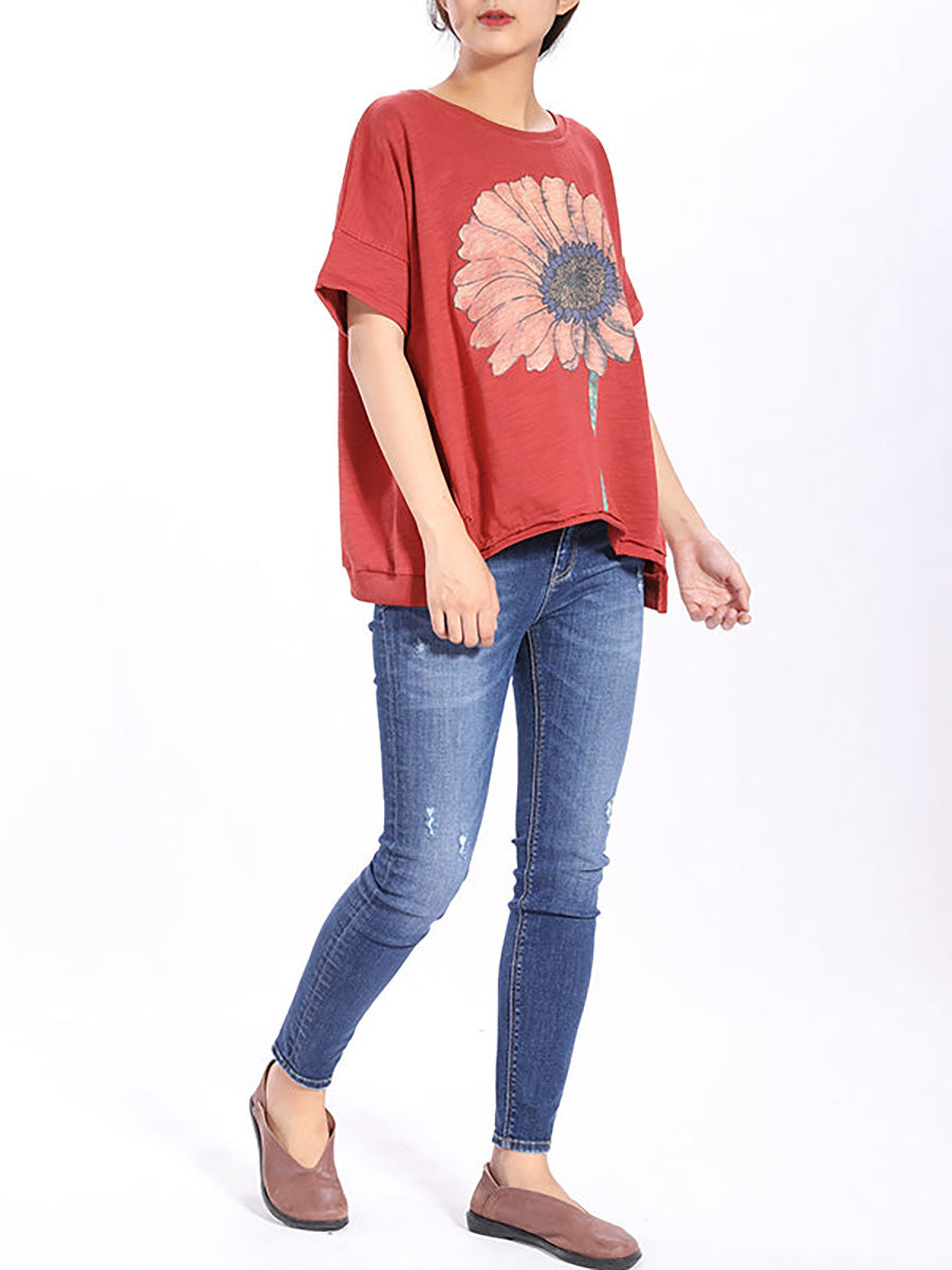 Plus Size Short Sleeve Sunflower Printed T-shirt QW1052