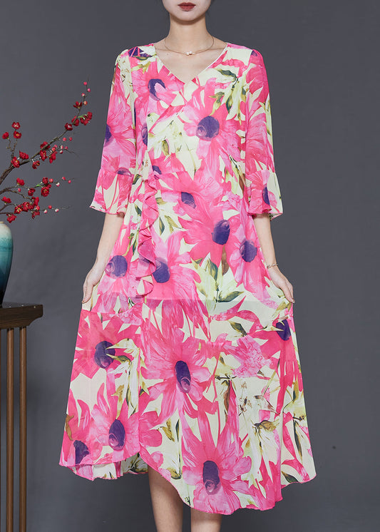 Silm Fit Pink V Neck Print Chiffon Long Dress Flare Sleeve SD1057