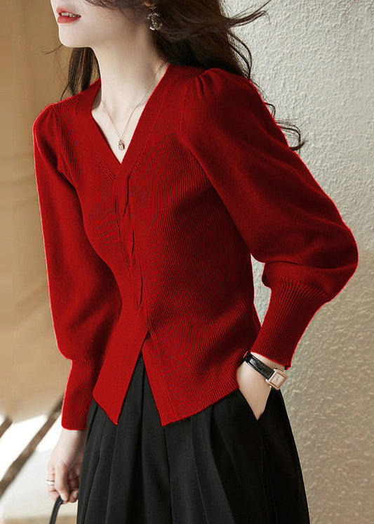 Chemise en tricot rouge à col en V et ouverture latérale, coupe ajustée, printemps TN015