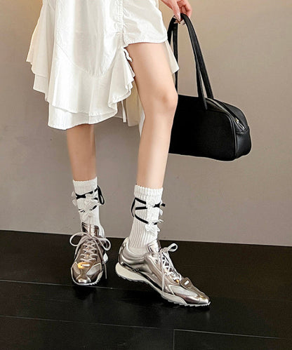 Silver Faux Leather Lace Up Splicing Fashion Sport Shoes Pointed Toe YC001