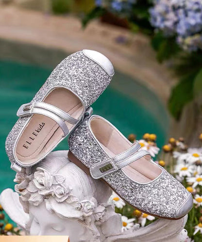 Chaussures plates en cuir pour enfants, à brides plates et à boucle, pour filles argentées