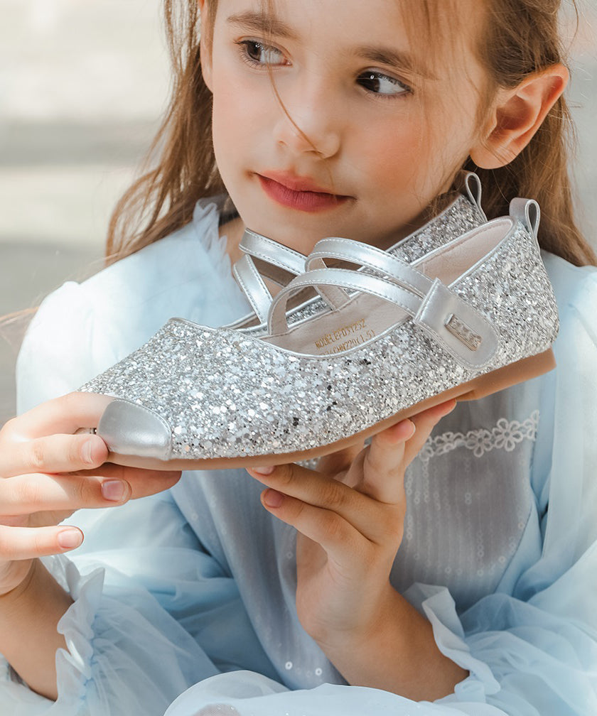 Chaussures plates en cuir pour enfants, à brides plates et à boucle, pour filles argentées