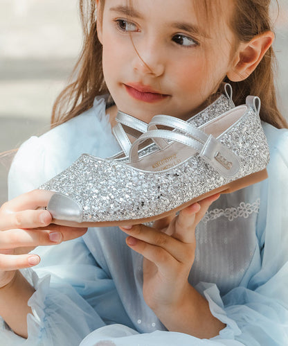 Chaussures plates en cuir pour enfants, à brides plates et à boucle, pour filles argentées