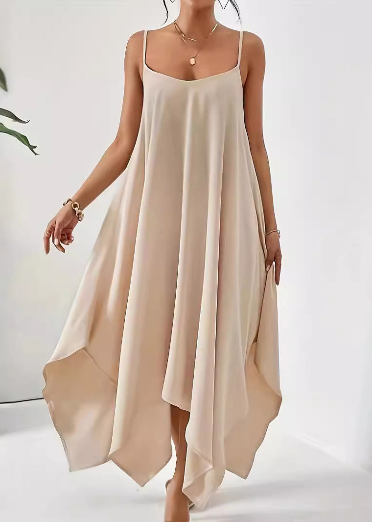 Einfaches solides Baumwollkleid Spaghetti Apricot Strap Asymmetrisch
