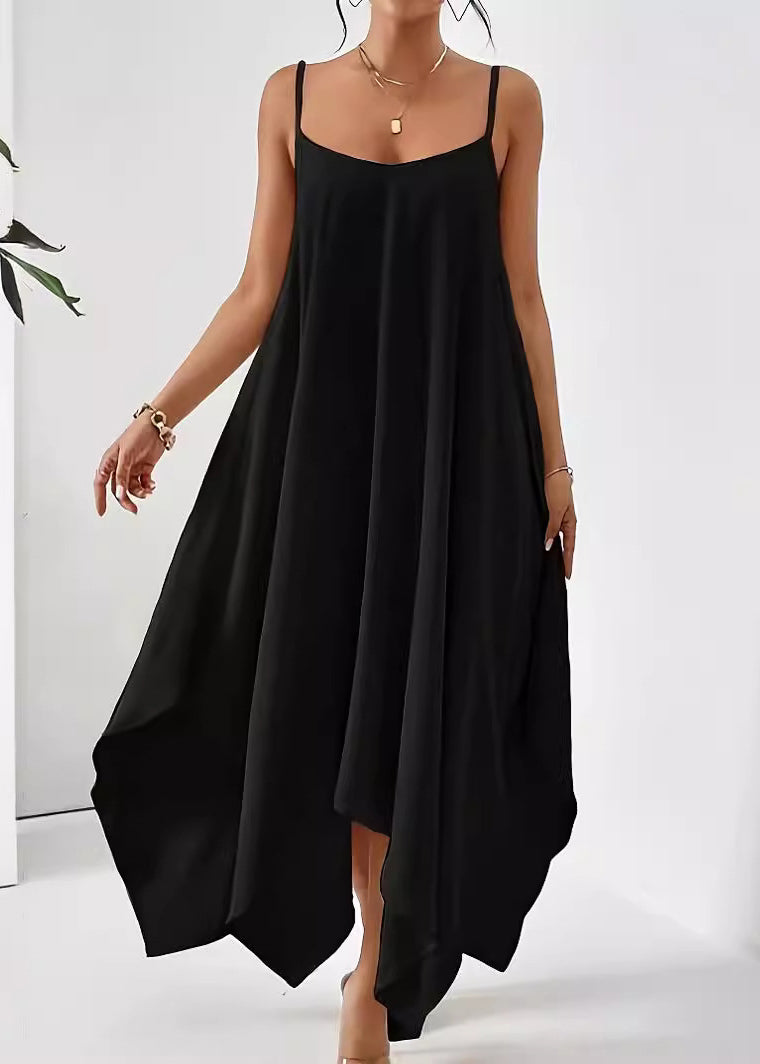Einfaches solides Baumwollkleid Spaghetti Apricot Strap Asymmetrisch
