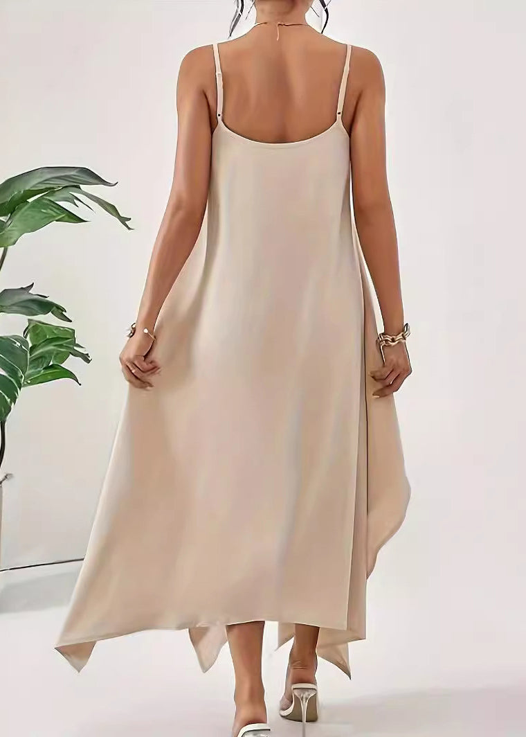 Einfaches solides Baumwollkleid Spaghetti Apricot Strap Asymmetrisch