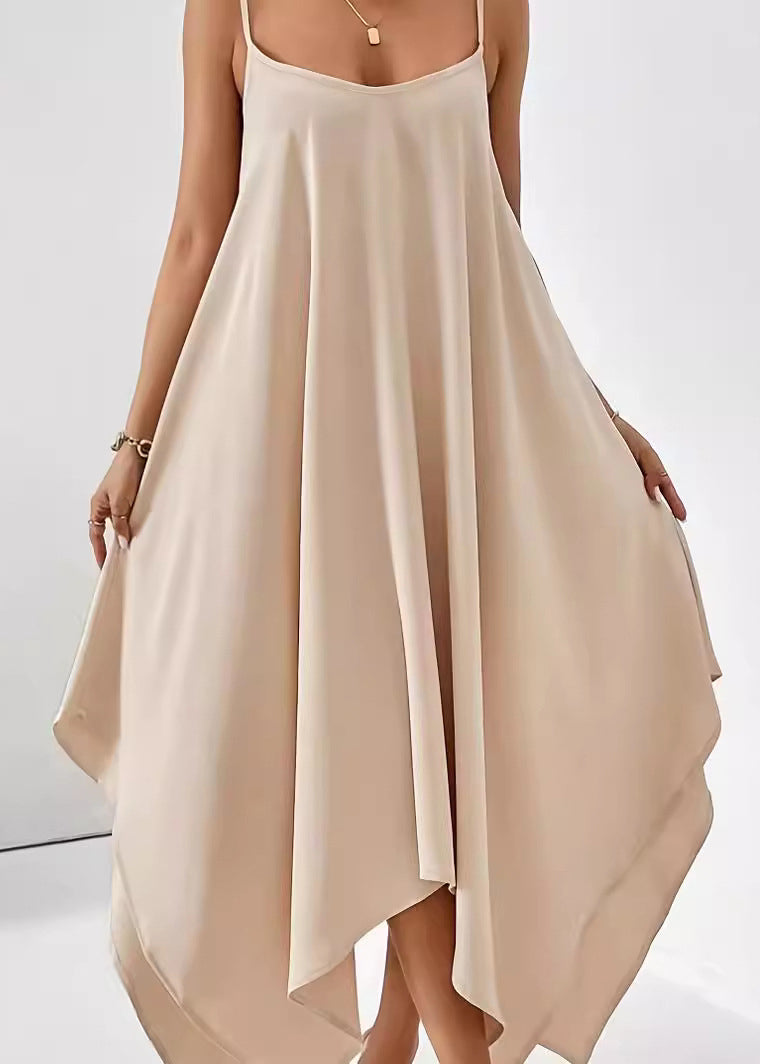 Einfaches solides Baumwollkleid Spaghetti Apricot Strap Asymmetrisch