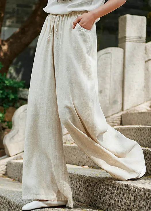 Simple Apricot Lace Up Pockets Linen Pants Summer Ada Fashion