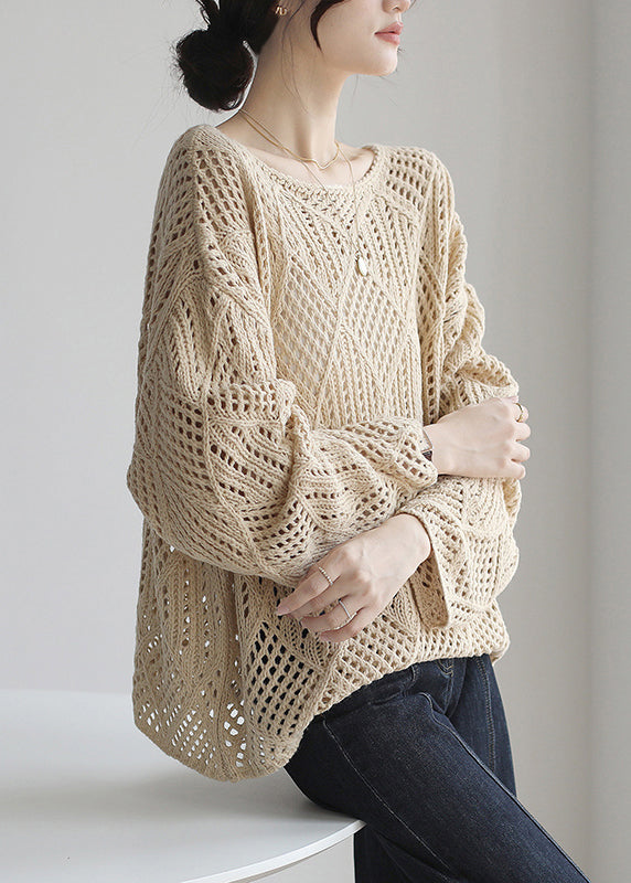 Pull simple en tricot ajouré à col rond et abricot, printemps TF019