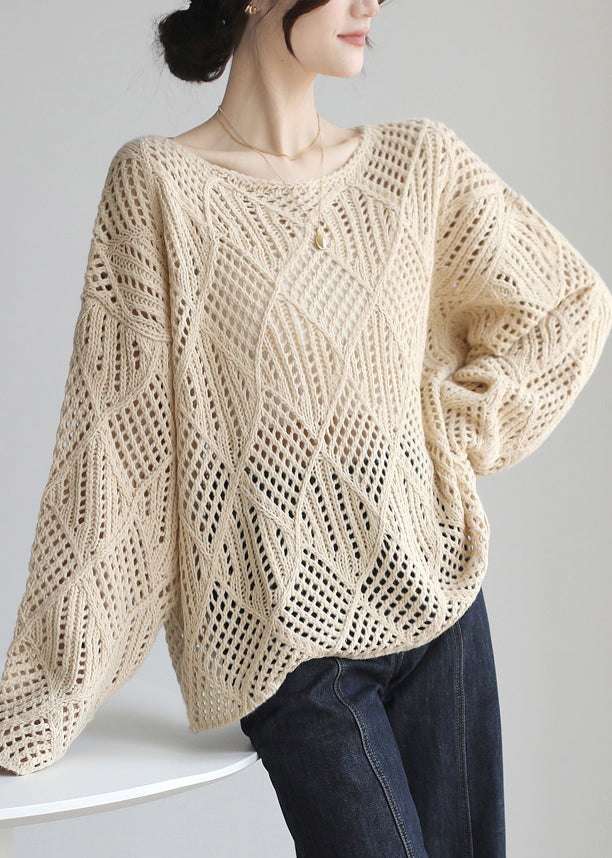 Pull simple en tricot ajouré à col rond et abricot, printemps TF019