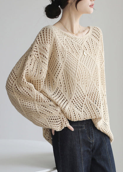 Pull simple en tricot ajouré à col rond et abricot, printemps TF019