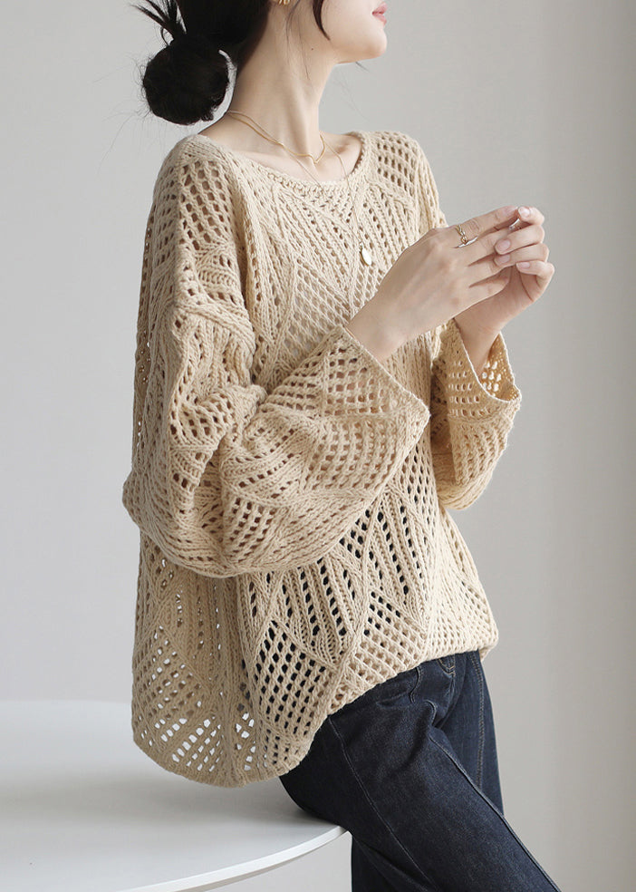 Pull simple en tricot ajouré à col rond et abricot, printemps TF019