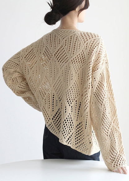 Pull simple en tricot ajouré à col rond et abricot, printemps TF019