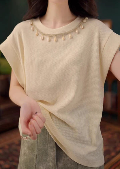 Summer Cotton Neck O Solid Apricot Simple Shirts T