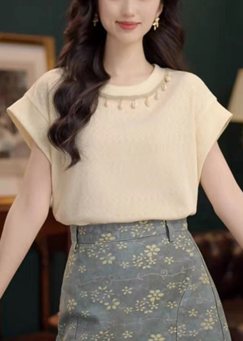 Summer Cotton Neck O Solid Apricot Simple Shirts T