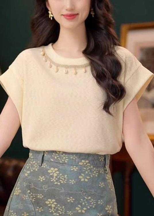 Summer Cotton Neck O Solid Apricot Simple Shirts T