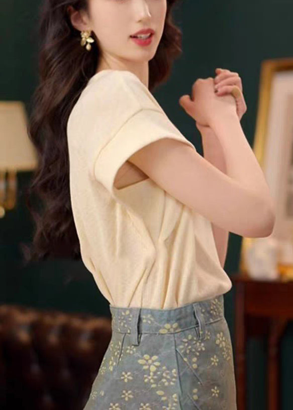 Summer Cotton Neck O Solid Apricot Simple Shirts T