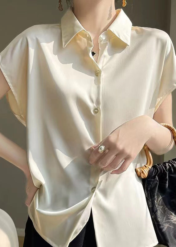 Simple Apricot Peter Pan Collar Button Silk Shirt Summer OP1095