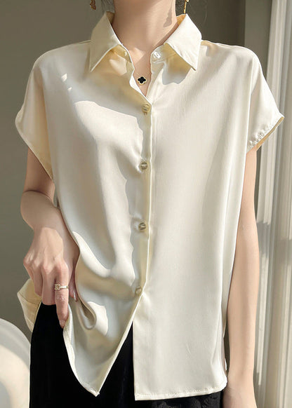 Simple Apricot Peter Pan Collar Button Silk Shirt Summer OP1095