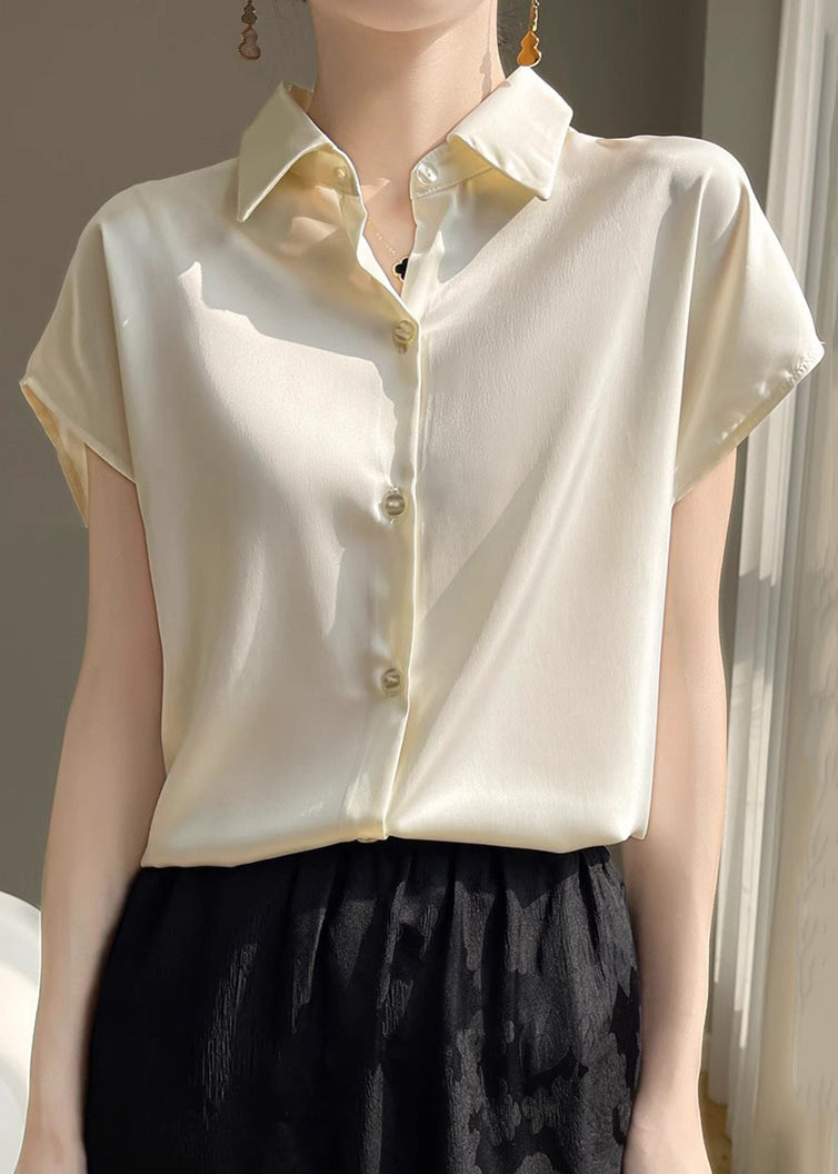 Simple Apricot Peter Pan Collar Button Silk Shirt Summer OP1095