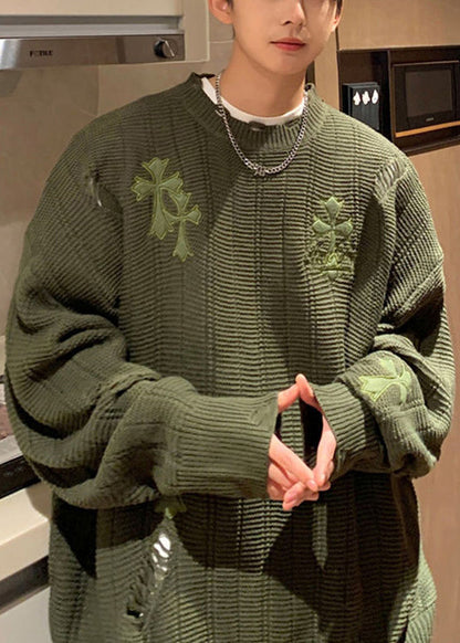 Pull simple en tricot ajouré brodé vert armée pour homme, hiver QF038