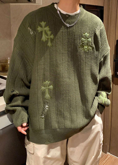 Pull simple en tricot ajouré brodé vert armée pour homme, hiver QF038