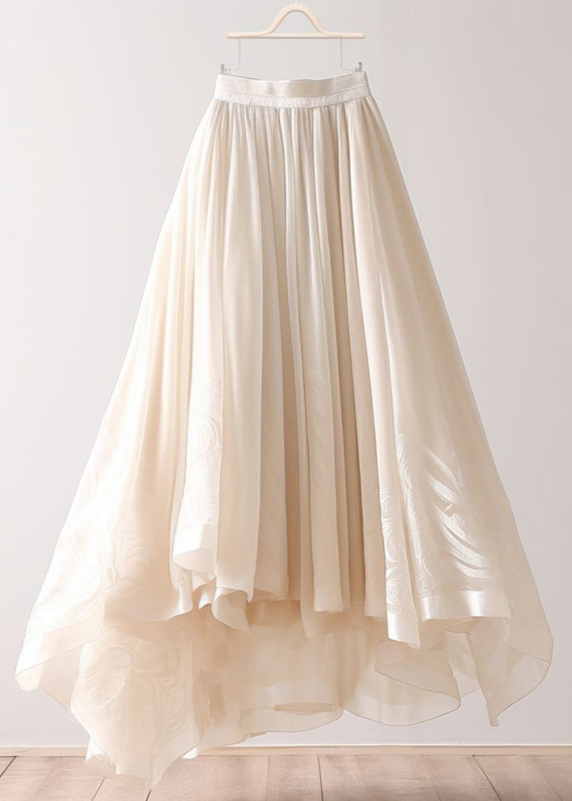 Simple Beige Asymmetrical Wrinkled Elastic Waist Chiffon Skirt Summer Ada Fashion