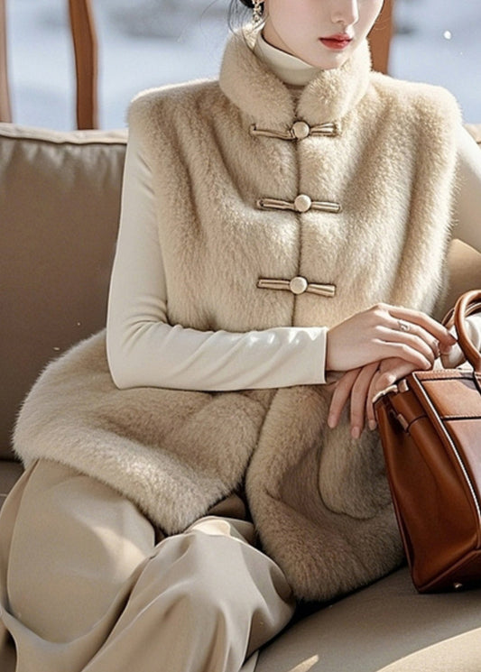 Einfache Beige Knopf Taschen Fuzzy Pelz Flauschigen Ärmelloses RZ010