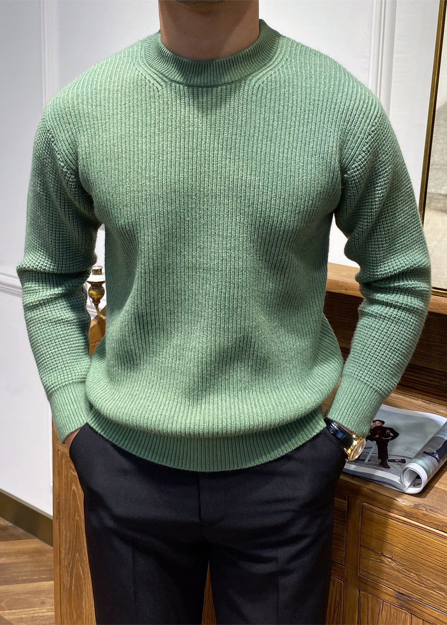 Pull simple beige à col rond pour homme, tricot uni, printemps TK004