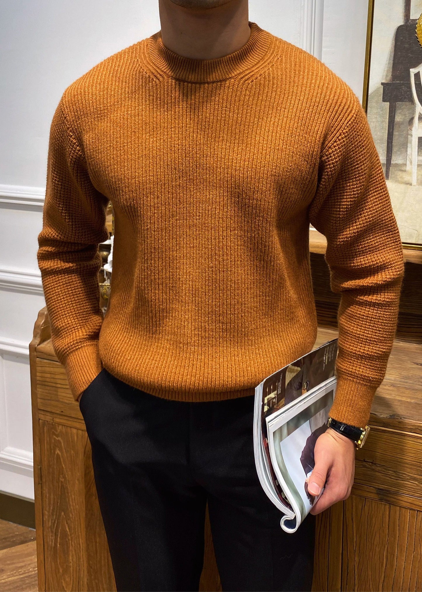 Pull simple beige à col rond pour homme, tricot uni, printemps TK004