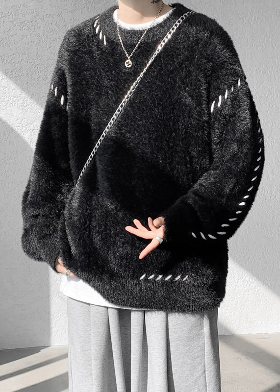 Einfache Beige O Neck Solid Nerz Haar Gestrickte Männer Pullover Winter RC040