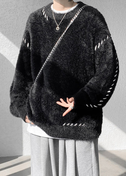 Einfache Beige O Neck Solid Nerz Haar Gestrickte Männer Pullover Winter RC040