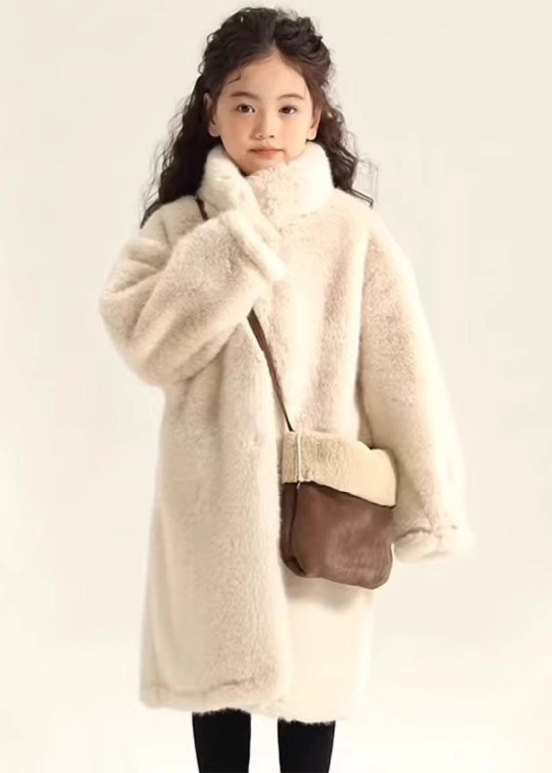 Manteau long en velours de vison beige simple à col montant pour fille Hiver WL026