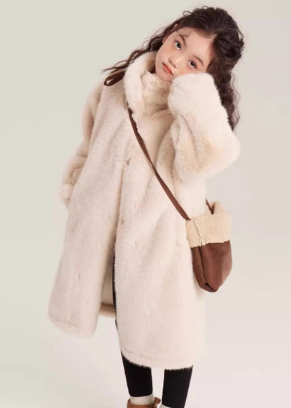 Manteau long en velours de vison beige simple à col montant pour fille Hiver WL026