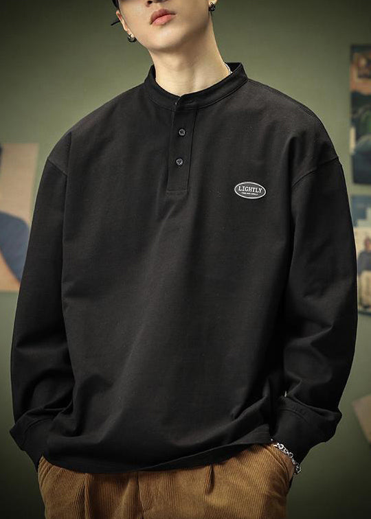 T-shirt de printemps en coton pour homme, uni, noir, bouton, simple