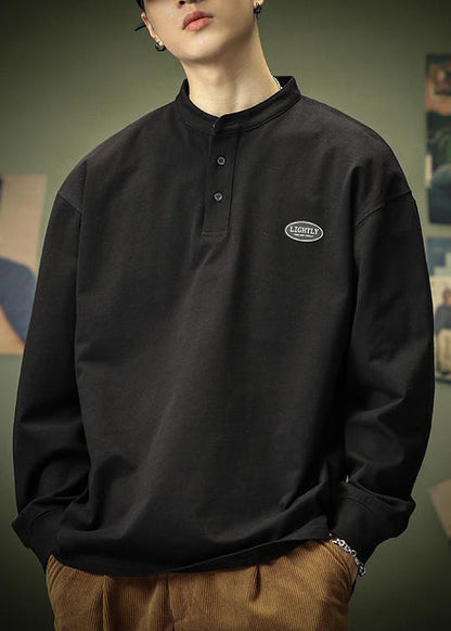 T-shirt de printemps en coton pour homme, uni, noir, bouton, simple