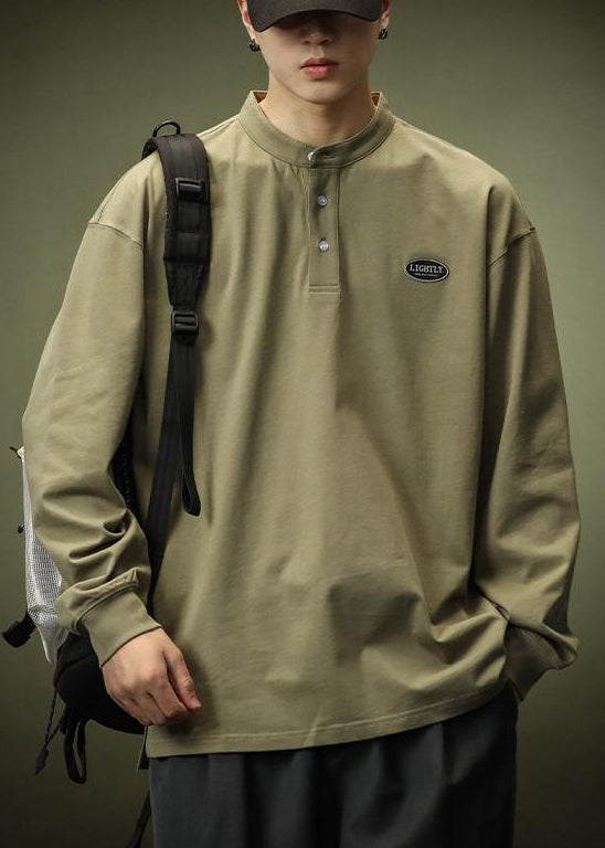 T-shirt de printemps en coton pour homme, uni, noir, bouton, simple