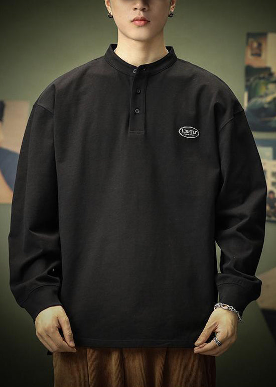 T-shirt de printemps en coton pour homme, uni, noir, bouton, simple