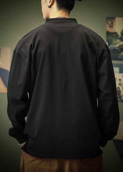 T-shirt de printemps en coton pour homme, uni, noir, bouton, simple